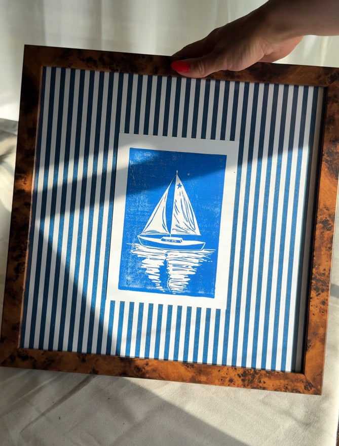Blue Sailboat Linoprint
