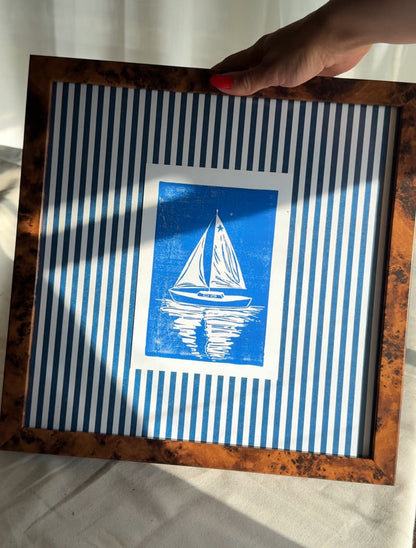 Blue Sailboat Linoprint